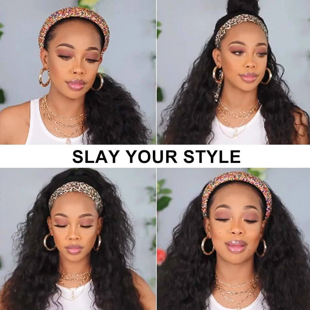 Curly Headband Wig Human Hair Wig Glueless No Gel Remy Brazilain Curly Human Hair Wigs Women Full Machine Made Scarf human hair wigs