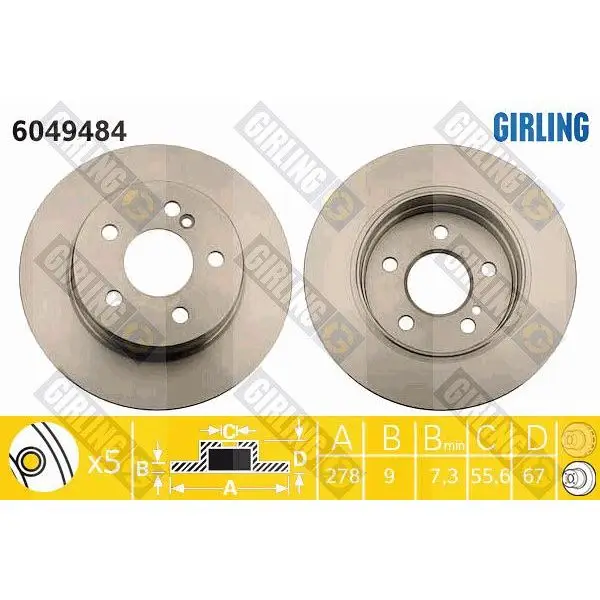 Диск тормозной MERCEDES W204 180 200 07 задний D=278мм. GIRLING|Тормозной цилиндр| |