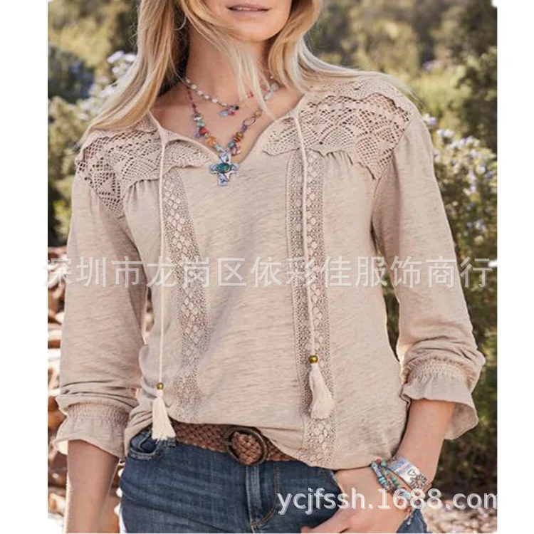 

New 2020 spring and autumn large size women's hedging long-sleeved V-neck fringed loose lace blouse