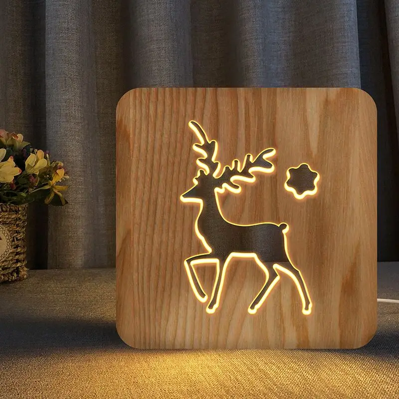 

Ins style Wooden deer lamp USB LED Table Light Switch Control Wood Carving bed Lamp for Child kids Room new year Decoration led