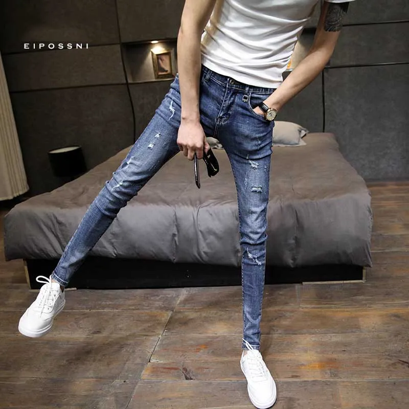 

Fashion 2019 Spring Autumn hole Skinny jeans hombre male students Distressed slim slimming Ankle length pencil pants trousers