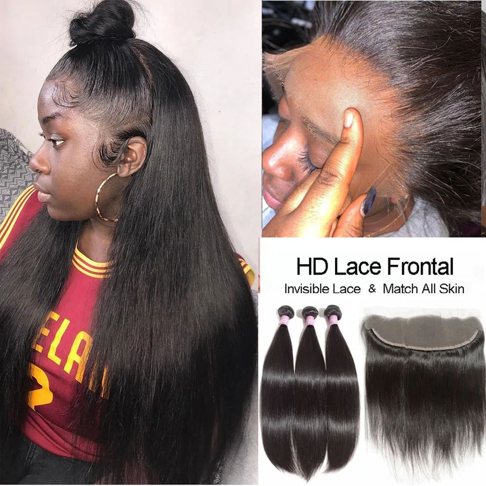

Real HD Lace Frontal Closure with Bundles Malaysian Straight Hair Bundles with HD Frontal Human Hair Weave With HD Lace Closures