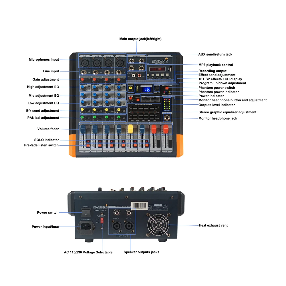 STARAUDIO 2000 Вт 4 канала на солнечных батареях USB BT MP3 студии DJ микшер живой звук
