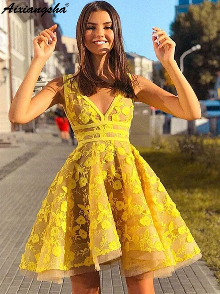 Уникальное Желтое Короткое платье для выпускного вечера с кружевной аппликацией и v-образным вырезом vestido de formatura