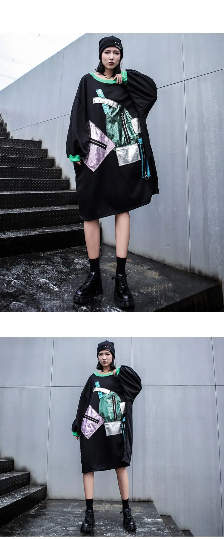 XITAO Personality Plus Velvet Dress Women Fashion Splice Zipper Streetwear Ladies Dresses Autumn Winter Clothes Women GCC2723