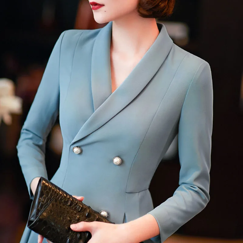 

Europe And America 2020 Spring Autumn Dress Waist Hugging Shawl Lapel Fashion Western Style Slimming Double Breasted Ol Women's