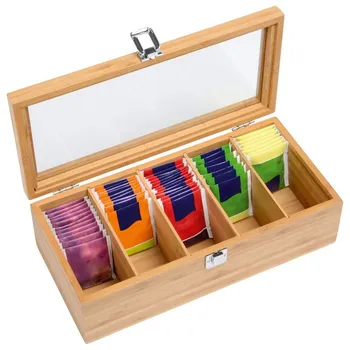 

Bamboo System Tea Box System Tea Bag Jewelry Organizer Storage Box 5 Compartments Tea Box Organizer Wood Sugar Packet Container