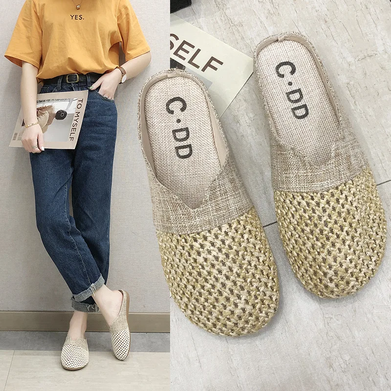 

2019 Summer New Style Korean Version of the Head ban tuo xie Online Celebrity Slippers Outer Wear CHIC Cotton Linen Lazy Mori Gi