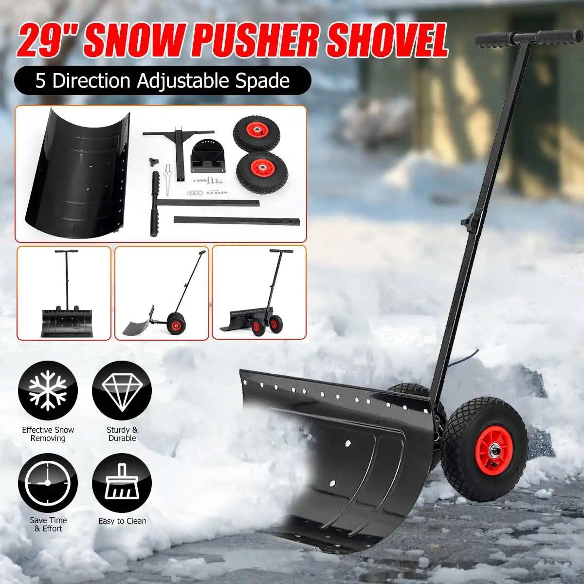 

29 Inch Wheeled Snow Shovel Adjustable Height Multi-angle Snow Pusher Garden Snow Plow Shovel with Wheels Outdoor Path Cleaner