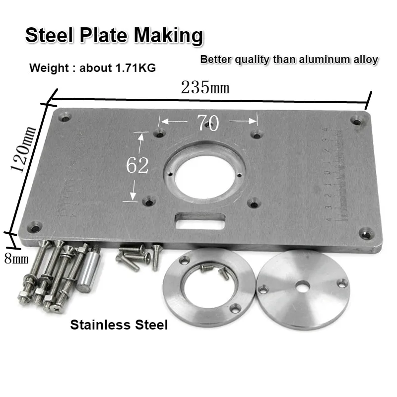 

Stainless Steel Router Table Insert Plate W/ Insert Rings Copper Bushing for Woodworking Trimmers Routers DIY Engrving Machine