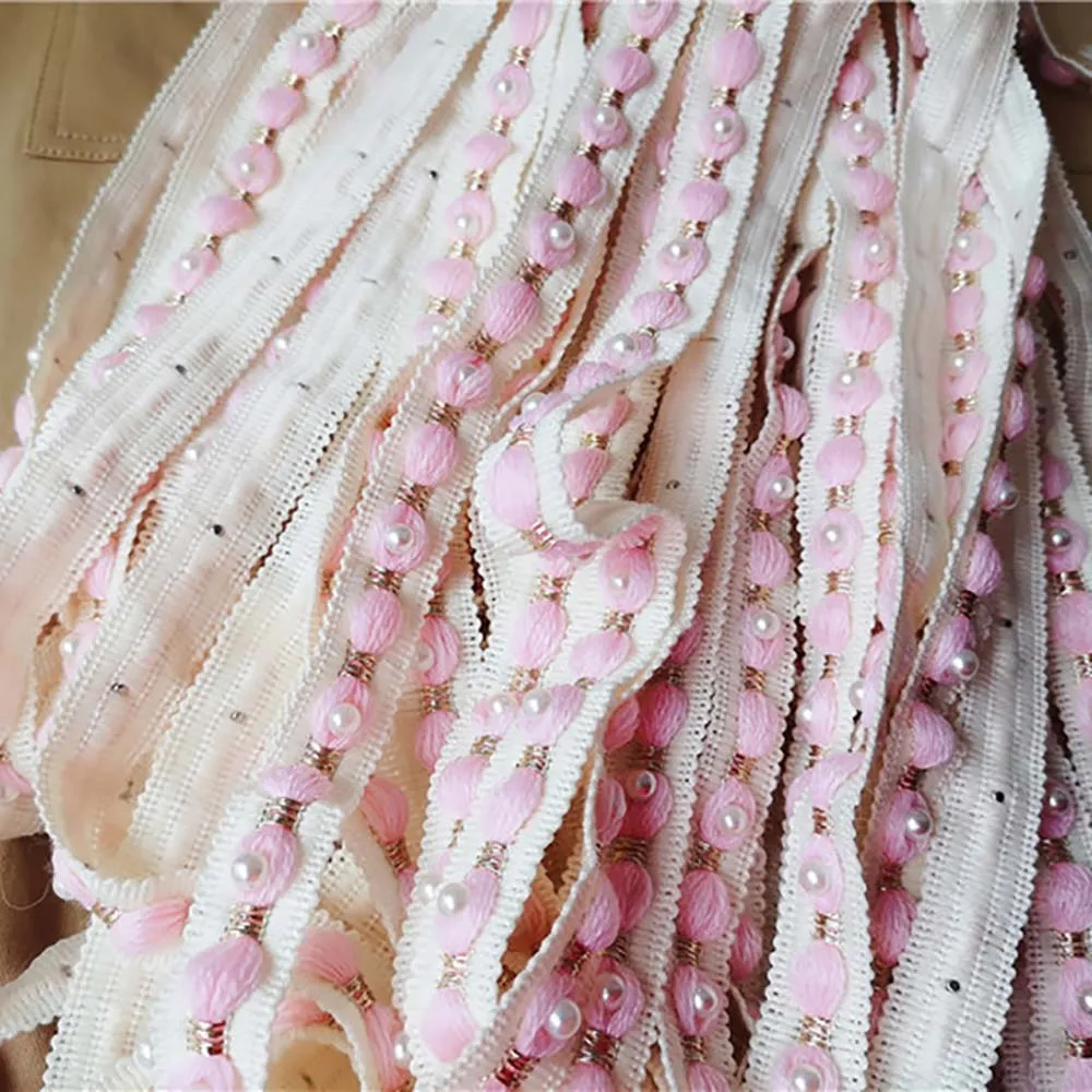 

Lychee Life 1 Yard Beaded Lace Trims Pompom Trim Pink Lace Ribbon DIY Sewing Lacework Dress Decoration