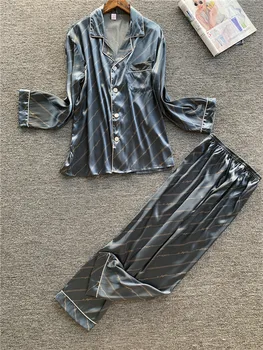 

Men Pyjama Spring New Style Pyjama Sleepwear Opener Leisure Comfort Simulated Silk Long Sleeve Trousers Men Silk Housewear Suit