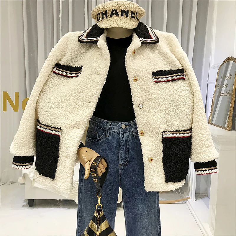 

Preppy Style Fleece Coats and Jackets Women Pockets Turn-down Collar Single Breasted Solid Wide-waisted Fashion 2019 Winter