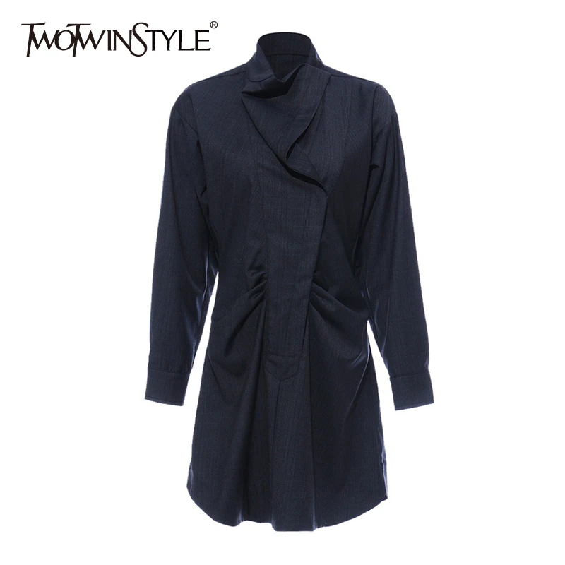 

TWOTWINSTYLE Vintage Irregular Women Dress Stand Collar Lantern Long Sleeve High Waist Tunic Ruched Dresses Female Fashion Tide