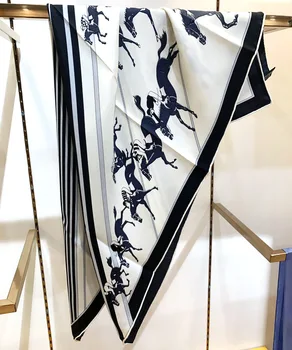 

Twill Silk Scarf 90*90cmWomen Black Horses Hand Rolled Edges Brand Design Handband Belt Shawls Wraps