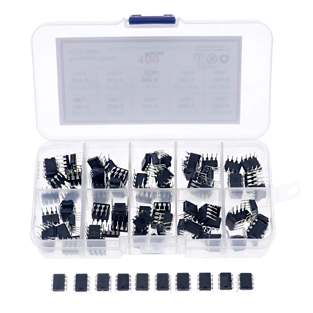 100Pcs/Box IC Integrated Circuit Chip Assortment Kit JRC4558 LM358 NE555 NE5532 VIPER22A DS1302 OP07 LM386 TDA2822 UC3845 100pcs viper22a viper22 dip8