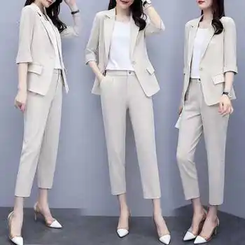 

Spring Autumn Professional Women Pants Suits Office Sets Notched Business Suits Ladies Single Button Fashionable Elegant