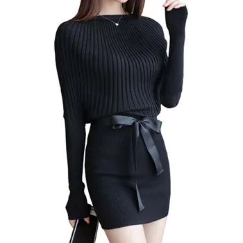

Autumn Korean Version New Slim Bow Round Neck Black And White Solid Color Simple Casual Long-sleeved Knit Sexy Dresses