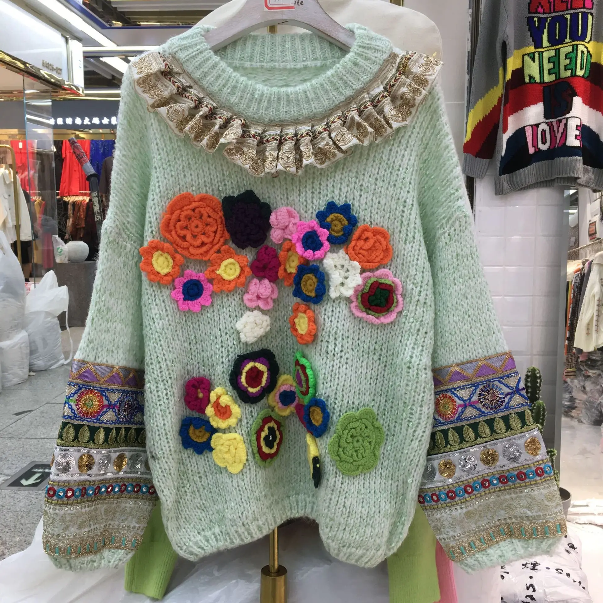 

Fall Winter Sweater Coat Women New Fashion Loose Round-collar Top Sequin Embroidery Flower Sweater Girl Oversize Jumper Pull