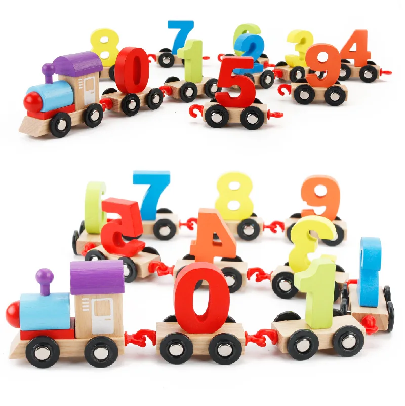 

Wooden with Numbers Small Train Children Unit Blocks on Wheels Educational Assembled Color Educational Toy
