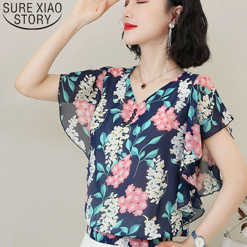 

2019 Summer Fashion Women Chiffon Blouses Short Sleeve V-neck Printed Women Clothing Casual Elegant Women Tops 5380 50