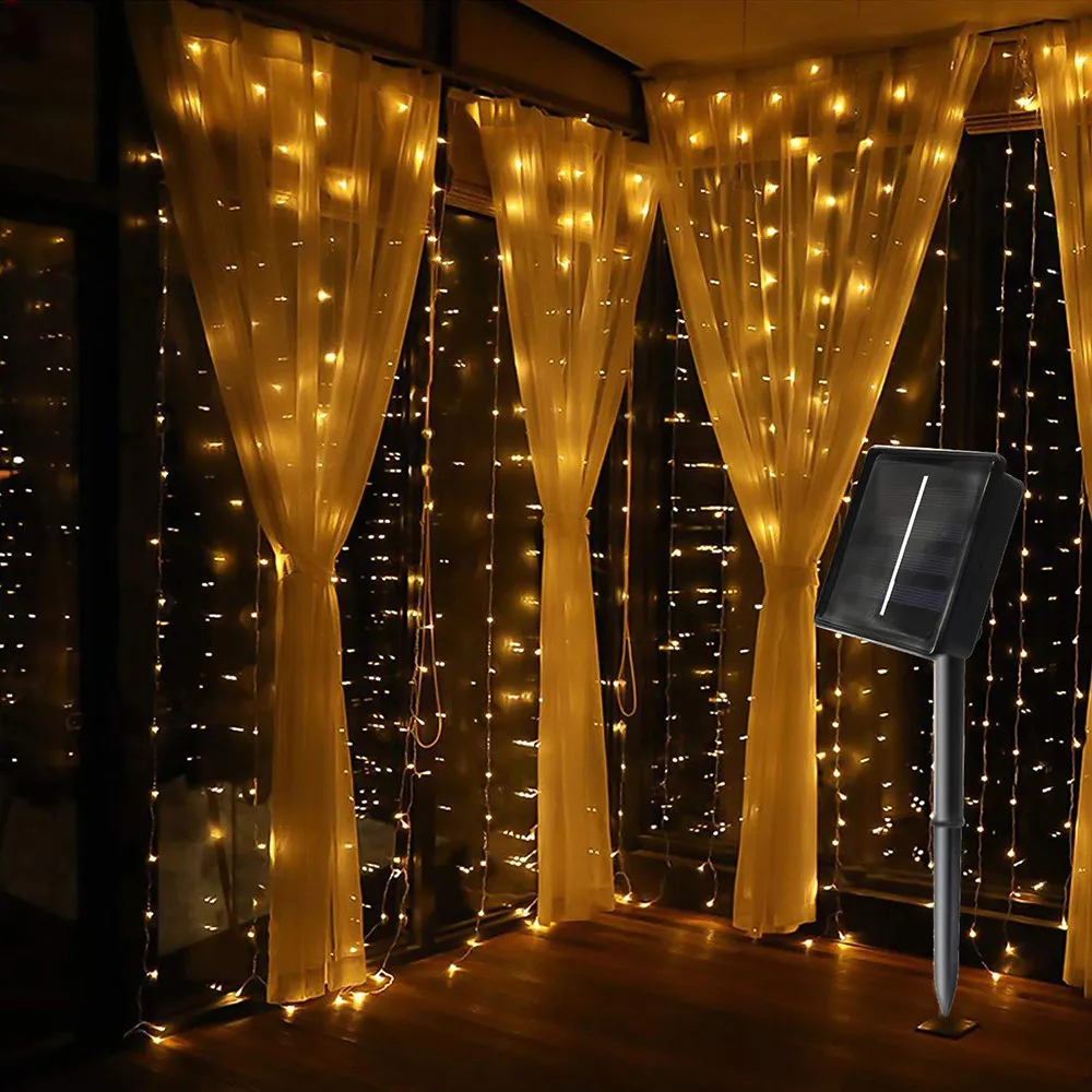 

3X3M 300 LED Solar Curtain String Lights Waterproof 8 Modes Outdoor Garden Patio Decorations lights for Wedding Party Christmas
