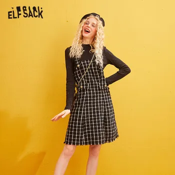 

ELFSACK Black Solid Knitted Pullover Women Two Piece Sets 2019 Winter Tweed Plaid Sleeveless Fringe Overall Female Skirt Sets