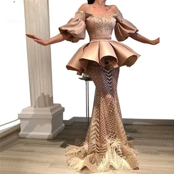

Arabic Designed Prom Gown Mermaid vestido longo abendkleider Half Sleeves Long Evening Formal Dress Peplum Prom Gowns Bead Sheer