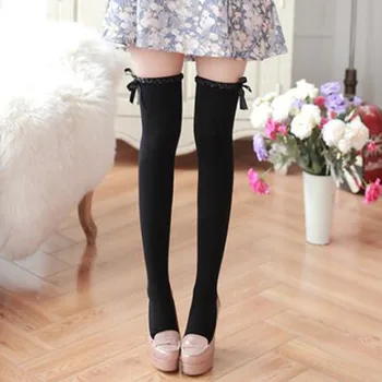 

Long Socks Sexy Socks Striped Women Long Stockings Wavy Lace Ribbon Bow Stockings Knee High Socks Cotton Bottoming Socks Women