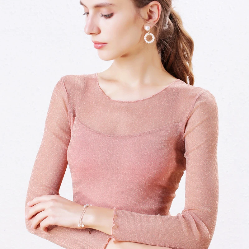 

2020 Spring Summer Women Tops Shiny Lurex Blouses Slim Fashion Blusas Femininas Women Shirts Mesh Crochet Blouse Pink Black
