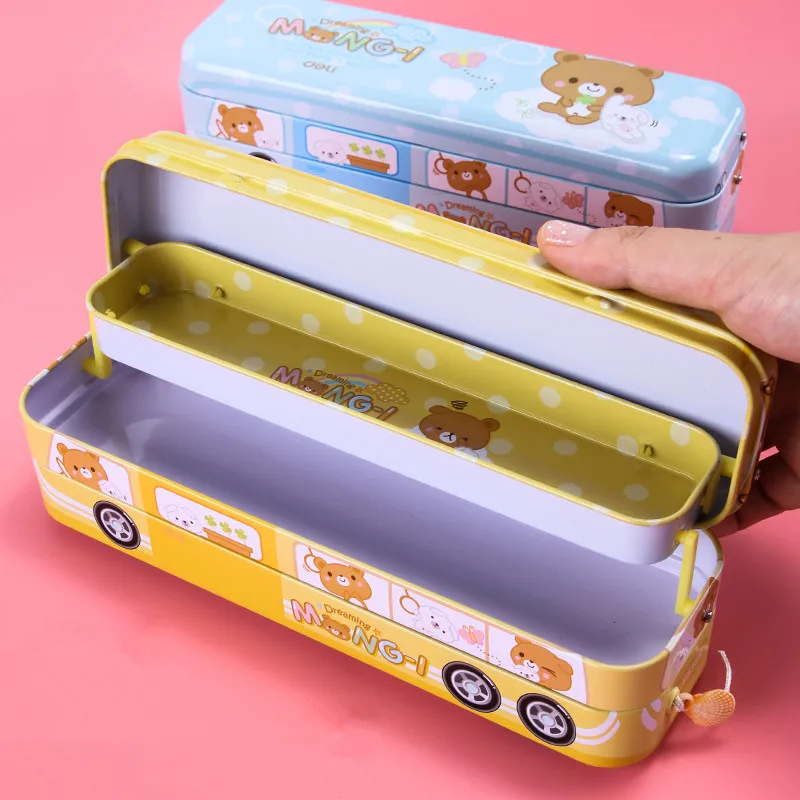 

Cartoon Bus Pencil Cases Metal Double Layer Tin Metal Stationery Box Pen Case Iron Tinplate Pencilcase School Supplies for Boy