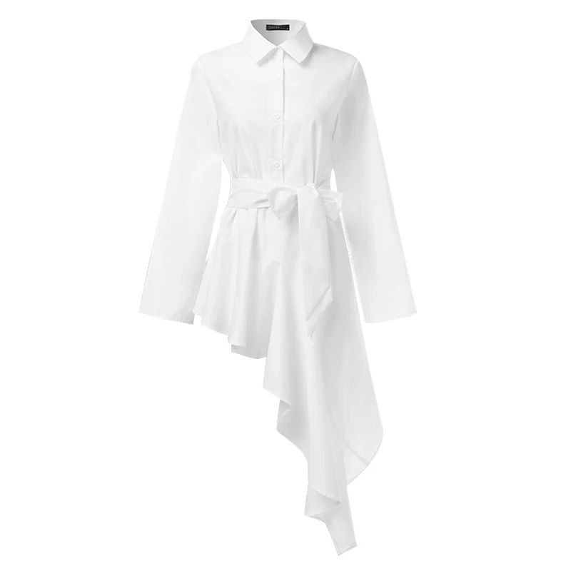 Blusas Top, ZANZEA, высокая низкая длинная рубашка, Vestido, Весенняя мода, асимметричная блузка для женщин, с отворотом, длинный рукав, туника, топы для женщин