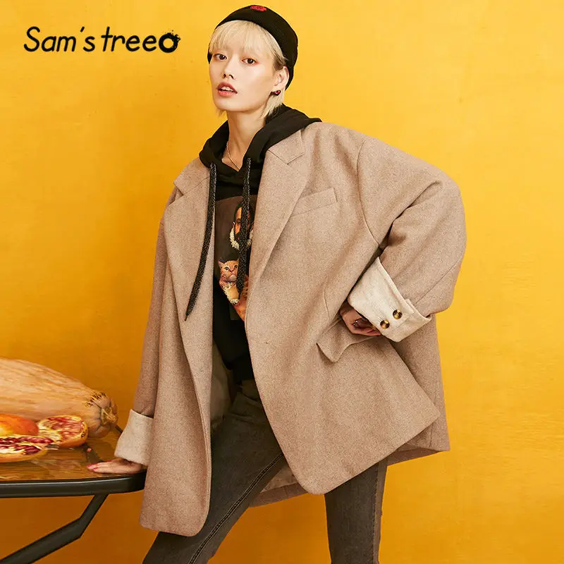 SAM'S TREE Camel, женские блейзеры в минималистическом стиле, осень, лоскутный рукав, чистый, двусторонний, шерстяные, накладные, женские пальто