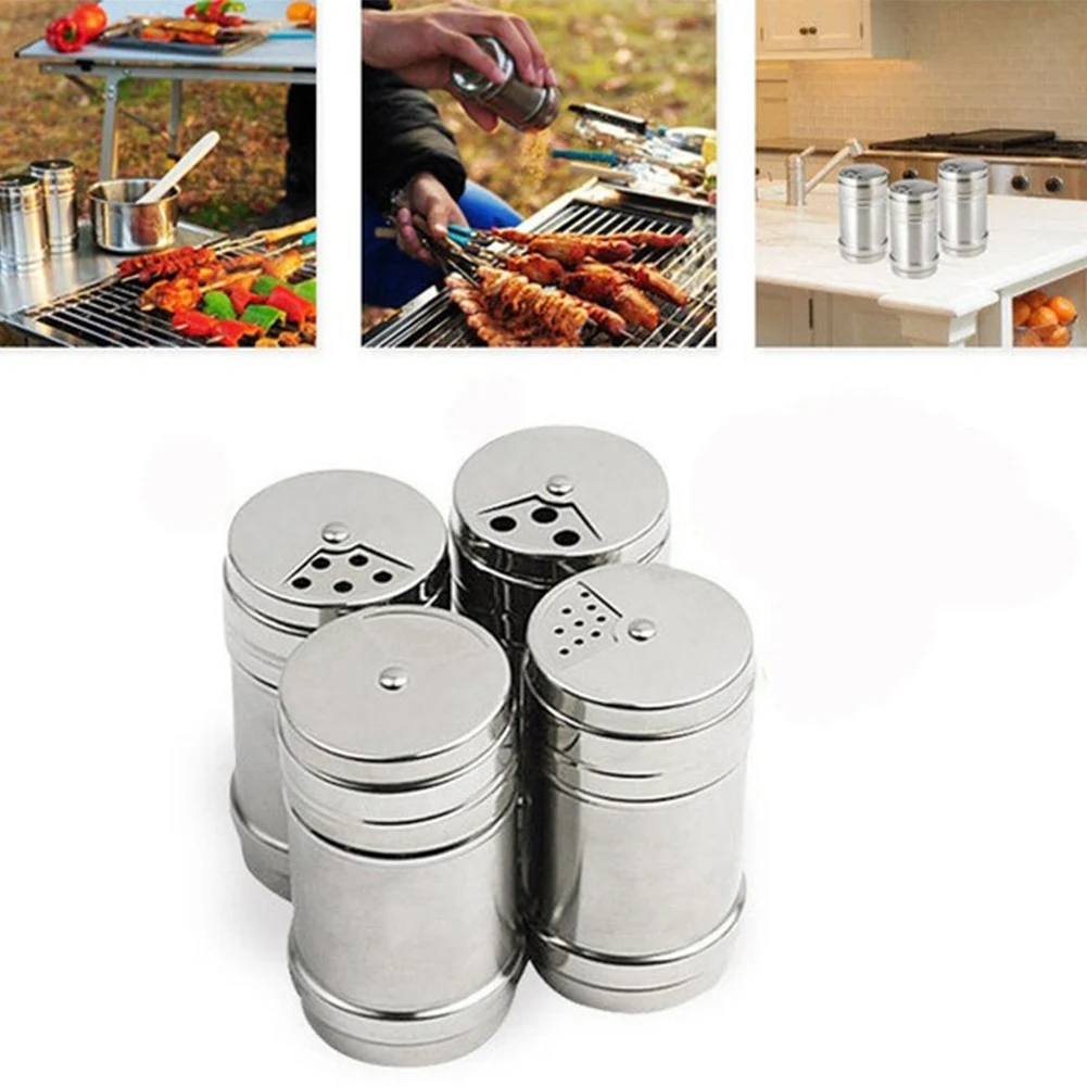 Spice Jars, Stainless steel Dredge Salt Sugar Spice Pepper Shaker Seasoning Cans with Rotating Cover