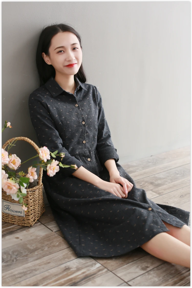 Robe Femme/осенне-зимнее винтажное платье элегантные хлопковые платья с длинными рукавами и отложным воротником для девочек Vestidos AF830