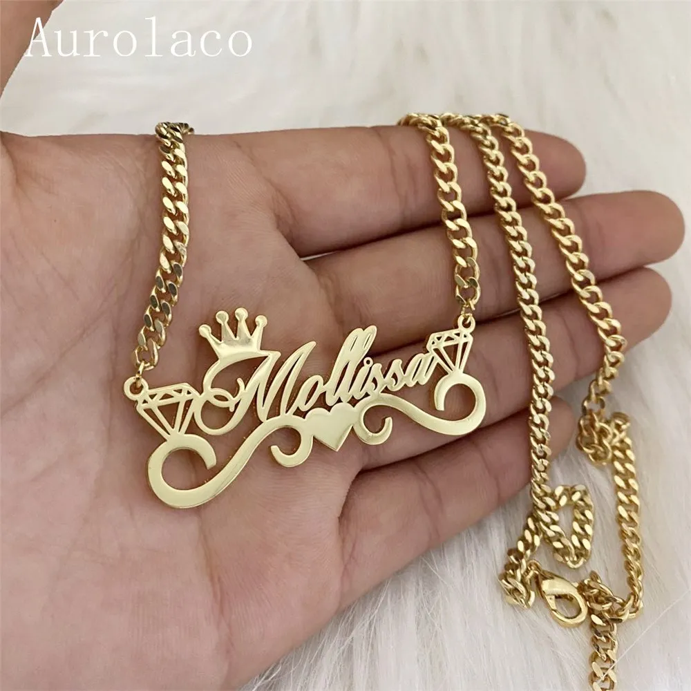 

AurolaCo Custom Name Necklace with Crown Personalized Cuban Chain Necklace Stainless Steel Nameplate Necklace for Women Gift