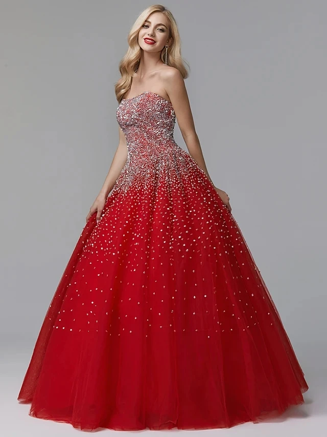 

Red Ball Gown Luxurious Formal Quinceanera Dress 2024 Strapless Beading Floor Length Princess Sweet 16 Vestidos De 15 Años