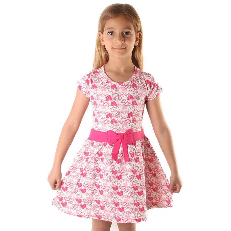 Dalmaz Girl Short-Sleeve 100% Cotton Pink Heart Dress with Bow | Детская одежда и обувь