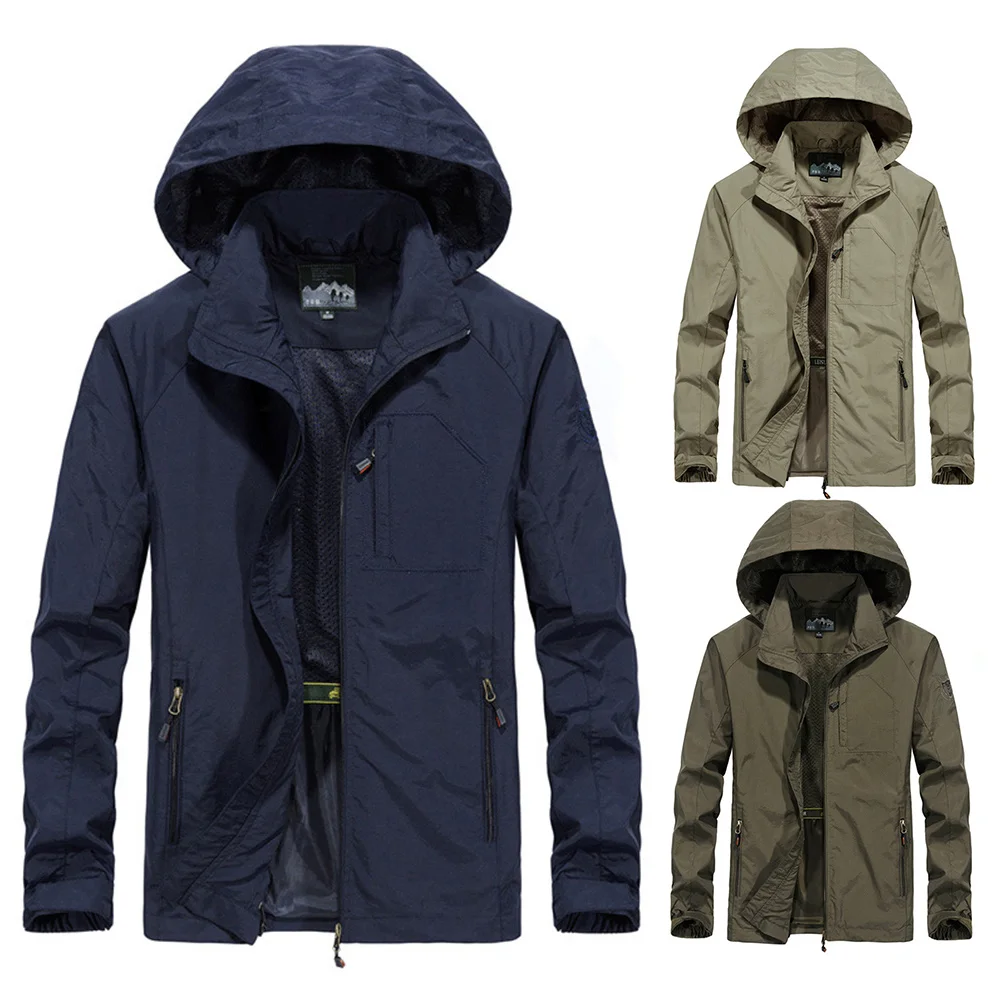 

Waterproof Breathable Hooded Men Jackets Turn-down Collar Zipper Pockets Coat Solid Drawstring Men Jacket Insert Pocket Coat D30