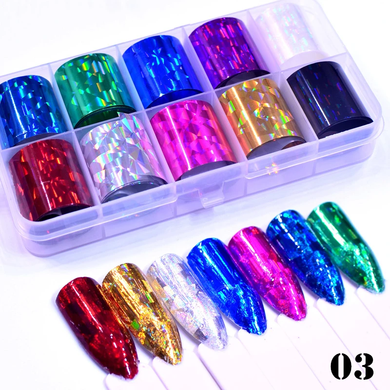 YZWLE 10 PCS жидкость для Фольга Стикеры комплект голографическая Звездное клей Sky обертывания передачи Бумага Мрамор блестящие, для дизайна ногтей Наклейка гель слайдер - Цвет: 03