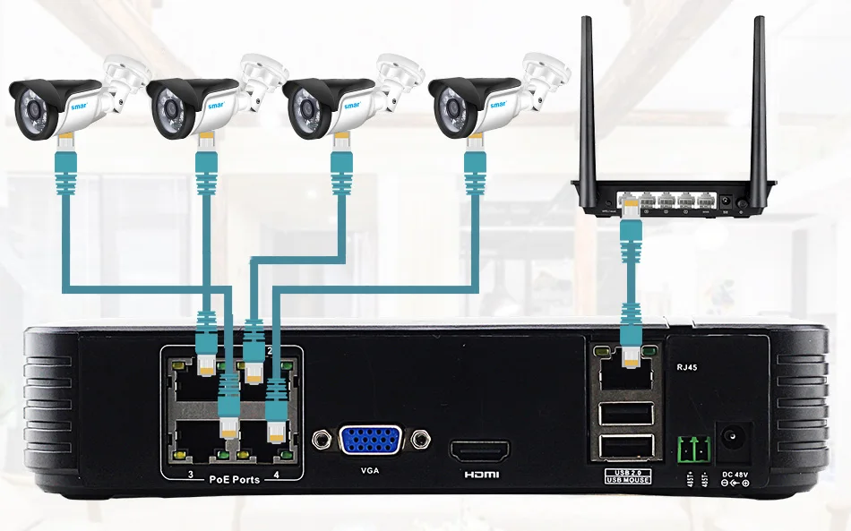Smar Full HD  4CH 1080P POE 48V NVR CCTV Kit 2PCS4PCS 2MP Outdoor IP Camera Nano IR 4 Channel CCTV System HDMI P2P Email Alarm (7)