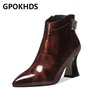 

GPOKHDS 2021 women soft ankle boots Patent Leather zippers boots winter short plush pointed toe high heels women boots