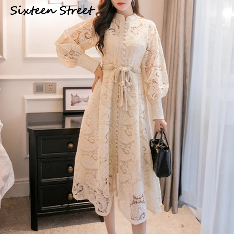 

Braided belt high waist woman's dress hollow out embroidery long-sleeve apricot vintage maxi dress autumn 2019 new