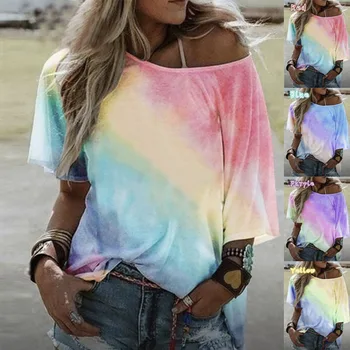 

Jackairy Tie Dye T Shirt Women 2020 Summer Sexy Shirts Gradient Color Print Casual Tops Plus Size S-5XL