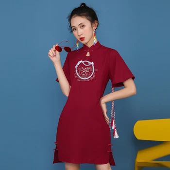 

Chinese Style Retro Art Temperament nian qing kuan gai liang kuan Modern Daily Cheongsam Summer New Short Dresses