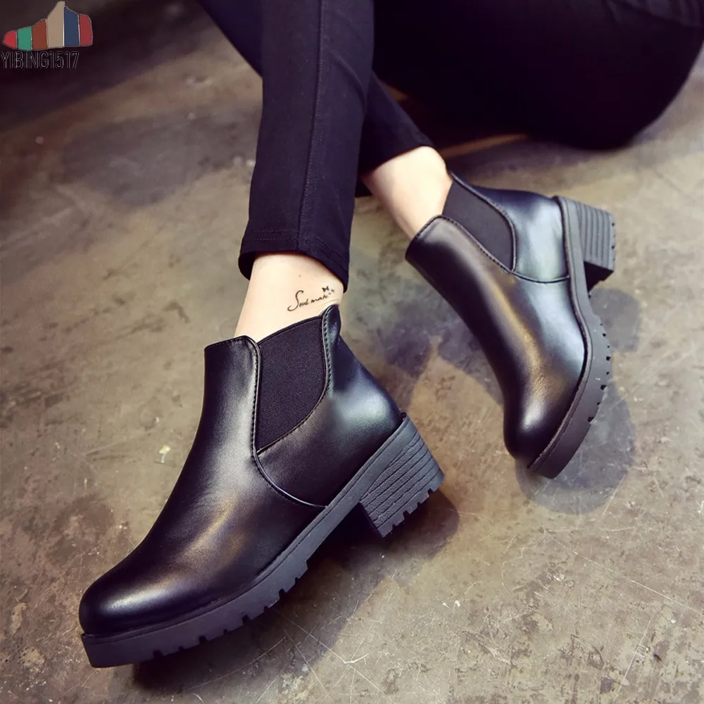 

Winter Boots Women Leather Low Flat Block Heel Chelsea Ankle Boots Shoes Waterproof Black Platform Block Heel Shoes Botas Mujer