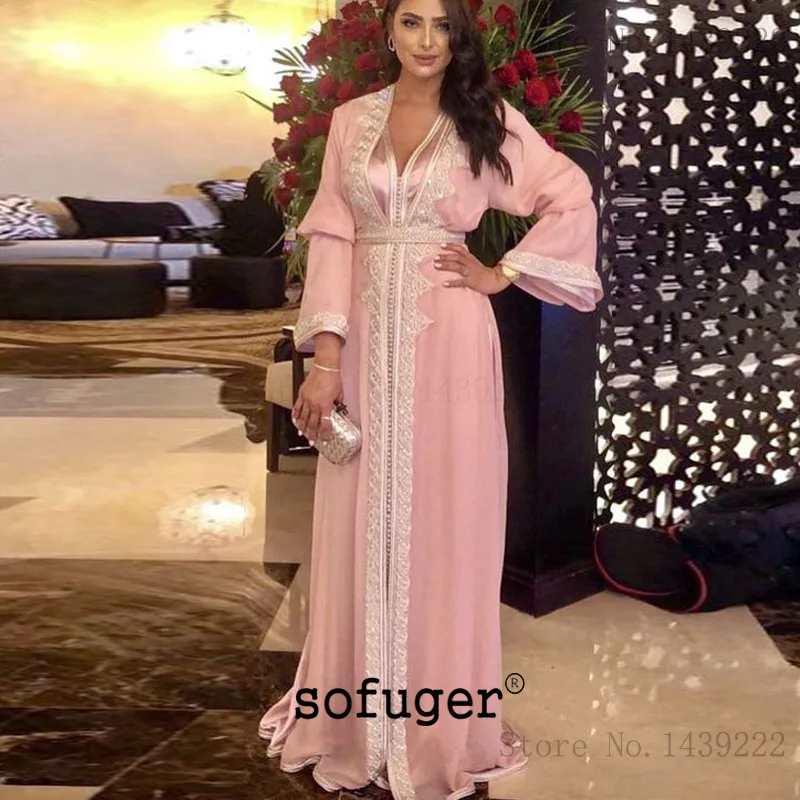 

Pink Moroccan Kaftan Evening Dresses Lace Appliques Mother Dress Arabic Muslim Special Occasion Formal Party Custom Made