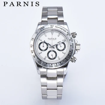 

Parnis 39mm White Dial Man Quartz Watch Steel Bracelet Chronograph Men's Watches VK64 Movement men for gift with box 2019 Brand