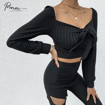 

Prowow New Fashion Sexy Bowknot Women Crop Tops Solid Black Female Long Sleeves Comfortable Women Clothes Ladies Party Club Tops