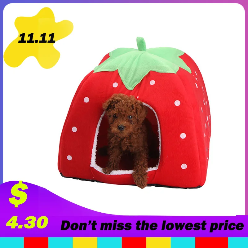 

Soft Strawberry Pet Dog Cat House Comfortable Kennel Doggy Foldable Fashion Cushion Basket Cute Animal Cave Pet Products